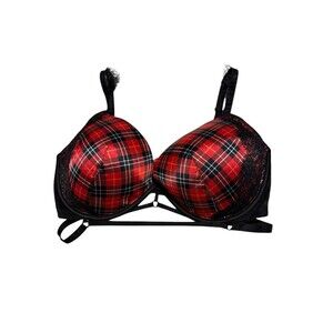 Victorias Secret Very Sexy Plunge Bra Size 36DDD Red Plaid Strappy Eyelash